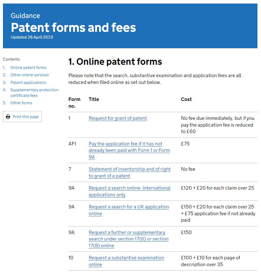 Where to find UK patent fees