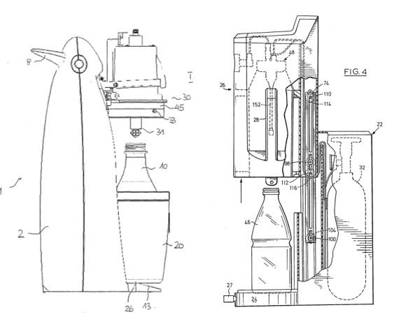 Embodiment of EP'917 – glass bottle 10 placed in flask 20 US4323090 – shield descends to drip tray, in a similar way to Aarke’s Carbonator Pro 