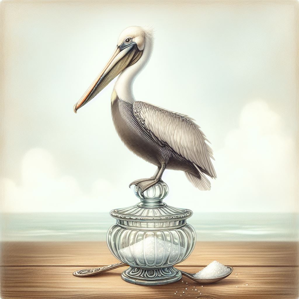 A proud pelican perched on top of a classic glass salt cellar. The pelican is standing tall with its ( Will article )